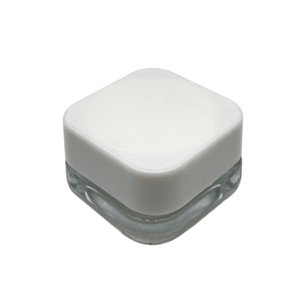 Box of 550 (Bulk Discount Pricing) / Clear / White Cap Grand Puff® Clear Square Glass Concentrate Jar | 9 ml