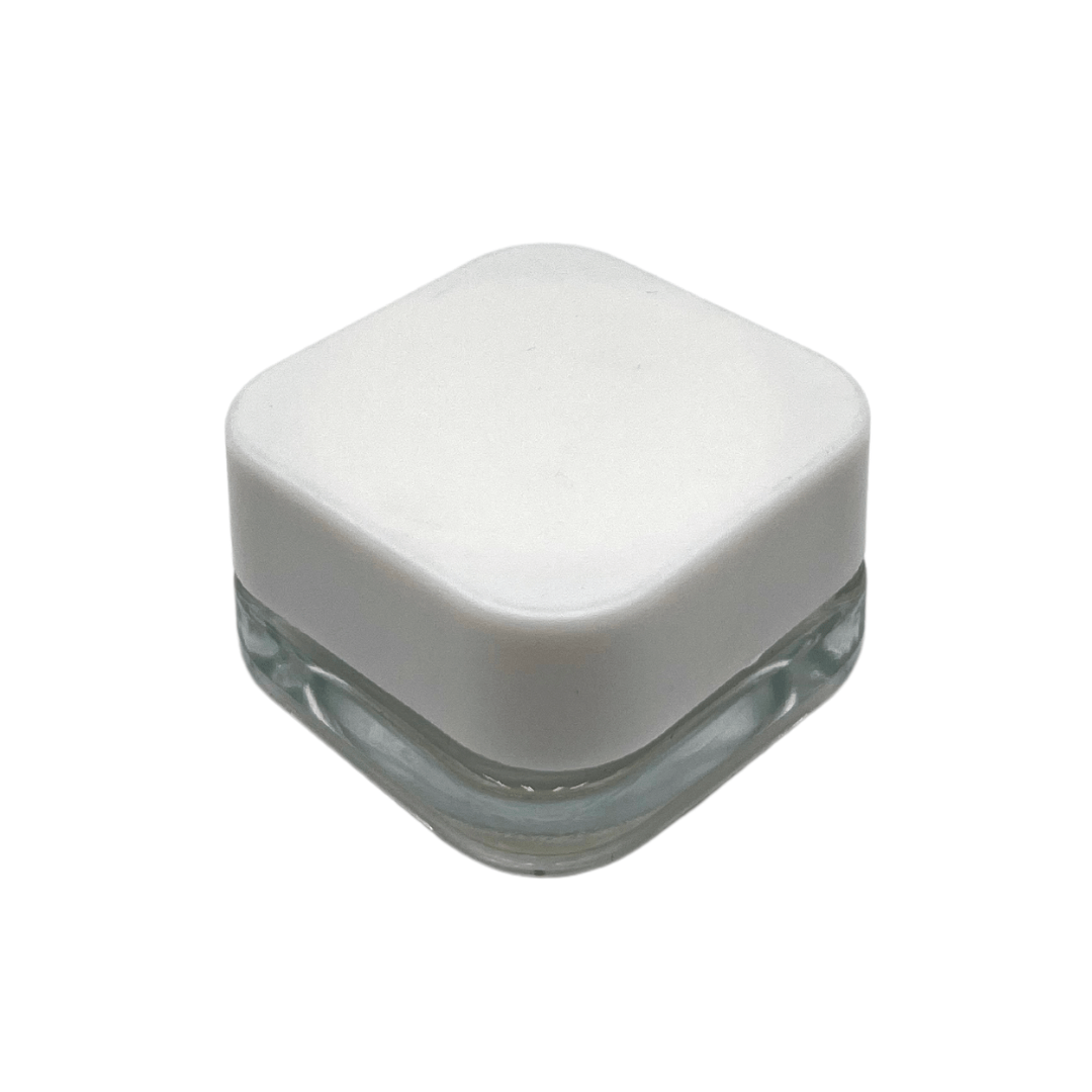 Box of 550 (Bulk Discount Pricing) / Clear / White Cap Grand Puff® Clear Square Glass Concentrate Jar | 9 ml