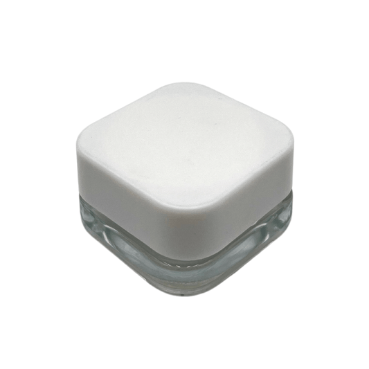 Clear / White Cap / Single Unit (Less Than Box Qty) Grand Puff® Clear Square Glass Concentrate Jar | 9 ml