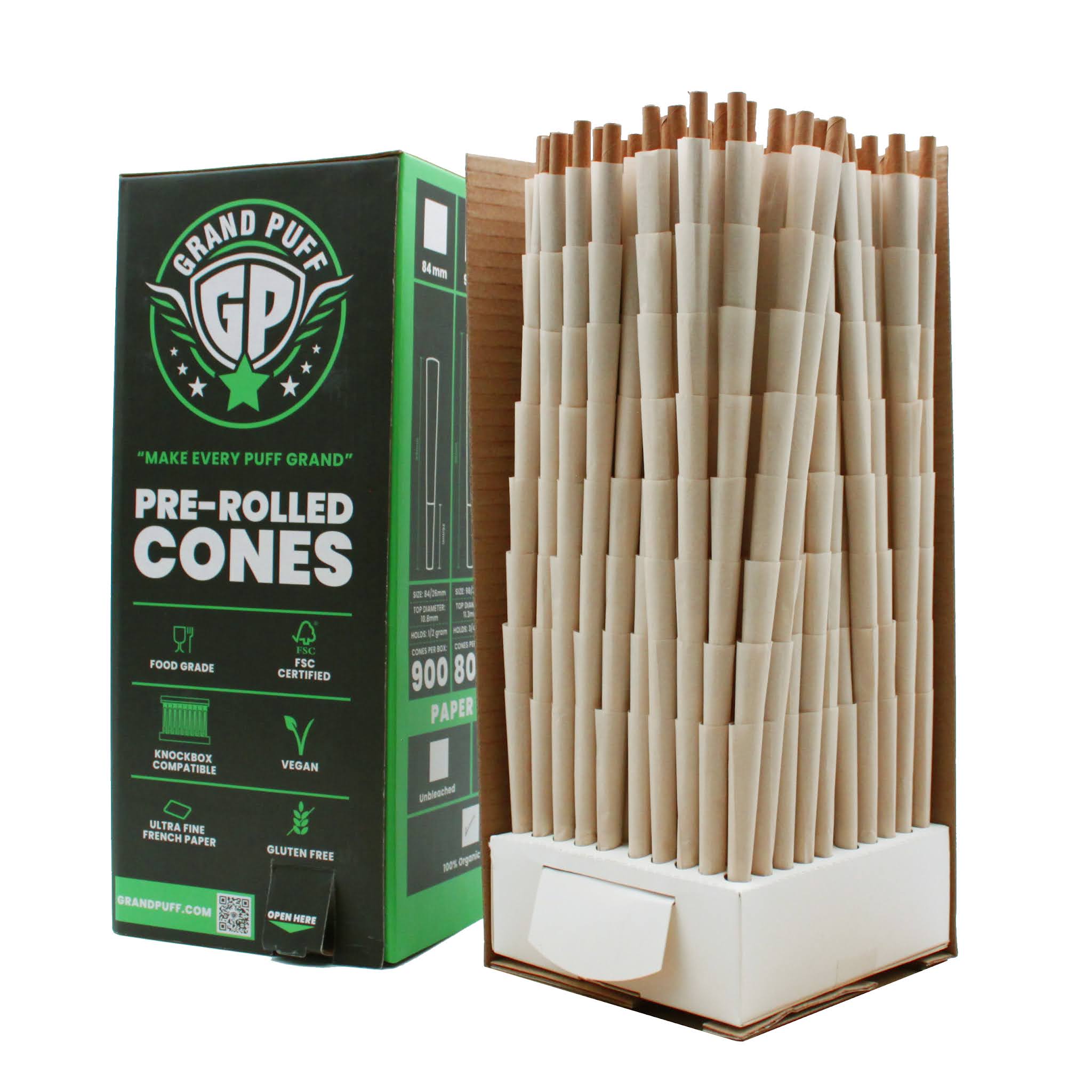 Grand Puff® Premium 1 1/4 Size Pre-Roll Cones (84mm / 26mm filter) | Box of 900