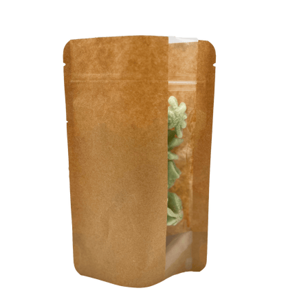 Kraft / Single Unit (Less Than Pack Qty) Stand Up Zipper Bag with Vertical Window (1/2 oz to 1 oz)