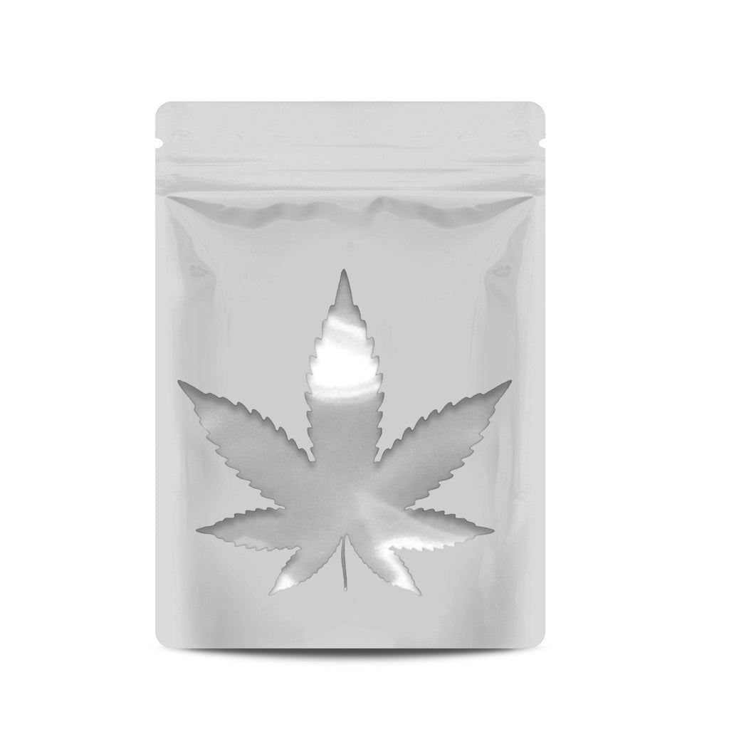 Pack of 50 (Bulk Discount Pricing) / Glossy White Bag King Clear Leaf Mylar Bag (1/8th to 1/4th oz)