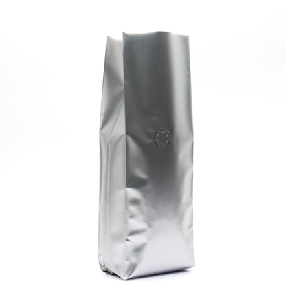 Silver / Single Unit (Less Than Case Qty) Bag King 1 lb. Coffee Bag Side Gusset with Degassing Valve