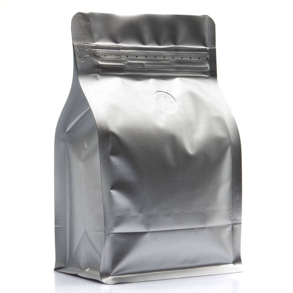 Silver / Single Unit (Less Than Case Qty) Bag King 12 oz. Block Bottom Coffee Bag with Degassing Valve
