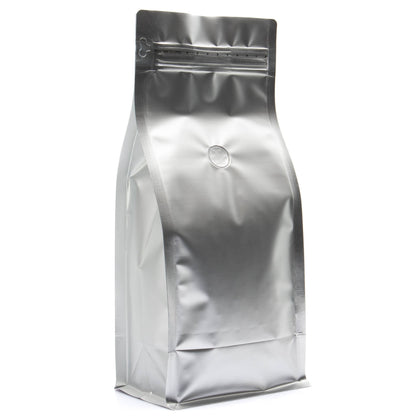 Silver / Single Unit (Less Than Case Qty) Bag King 2 lb. Block Bottom Coffee Bag with Degassing Valve