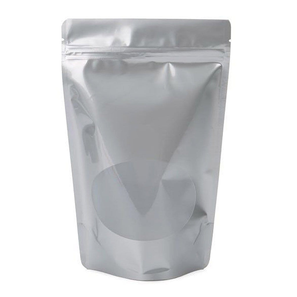 Single Unit (Less Than Box Qty) / Silver Stand Up Zipper Bag with Clear Oval Window (1 Ounce)
