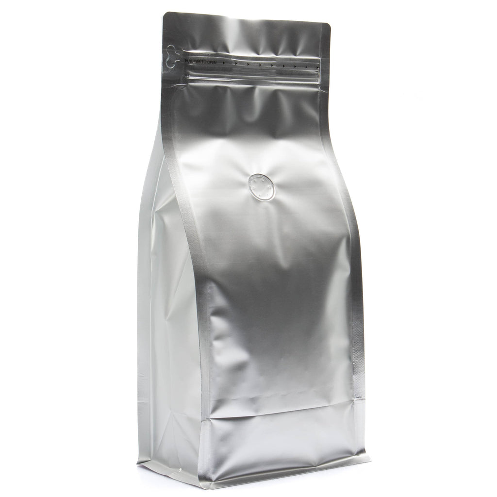 Single Unit (Less Than Case Qty) / Silver Bag King 2 lb. Block Bottom Coffee Bag with Degassing Valve
