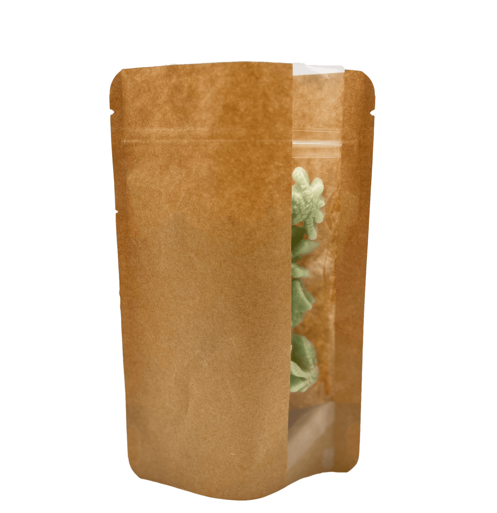 Single Unit (Less Than Pack Qty) / Kraft Stand Up Zipper Bag with Vertical Window (1/2 oz to 1 oz)