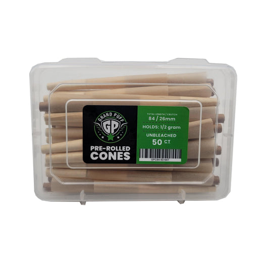 Unbleached Natural Grand Puff Premium 1 1/4 Size Pre-Roll Cones (84mm / 26mm filter) | Box of 50