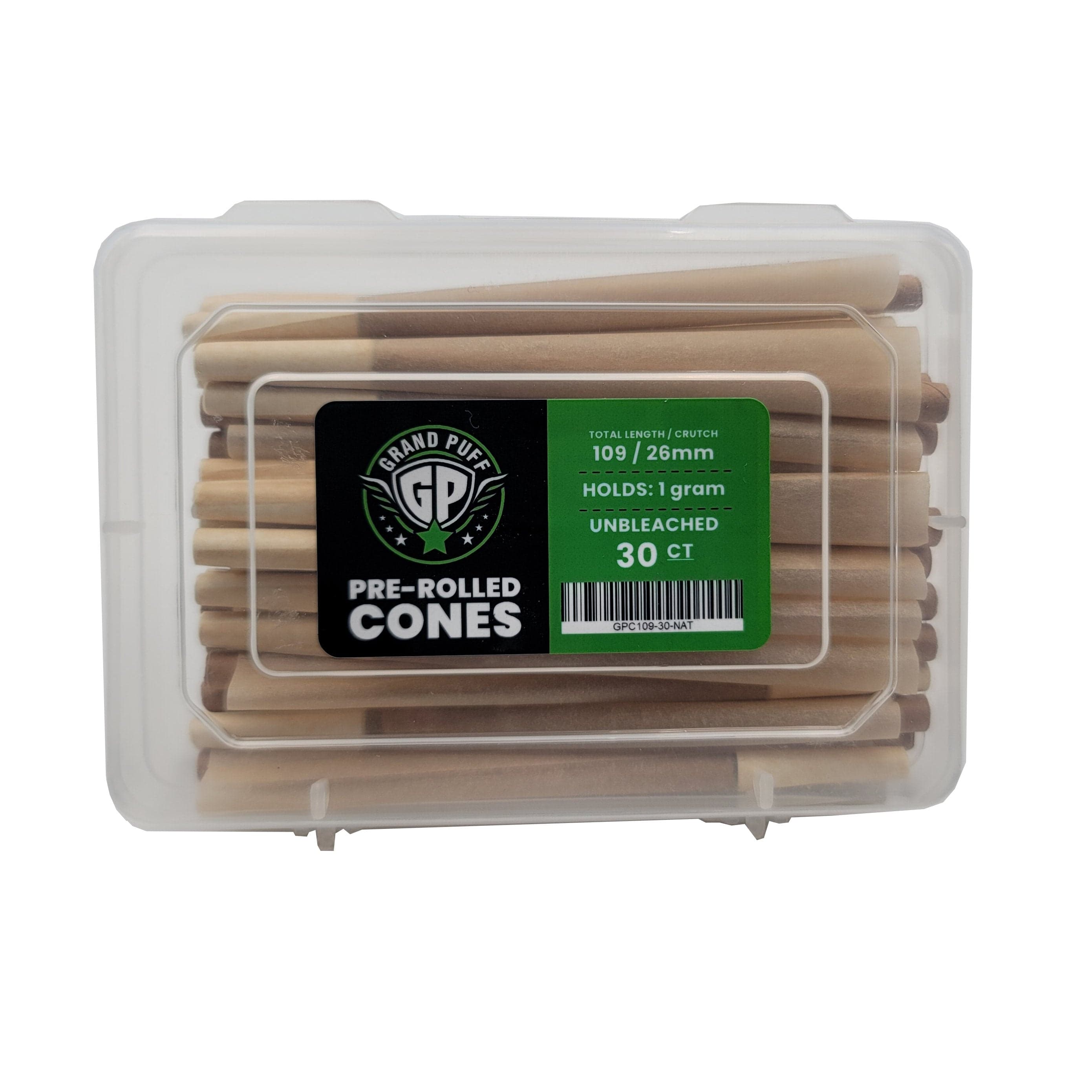 Unbleached Natural Grand Puff® Premium King Size Pre-Roll Cones (109mm / 26mm filter) | Box of 30