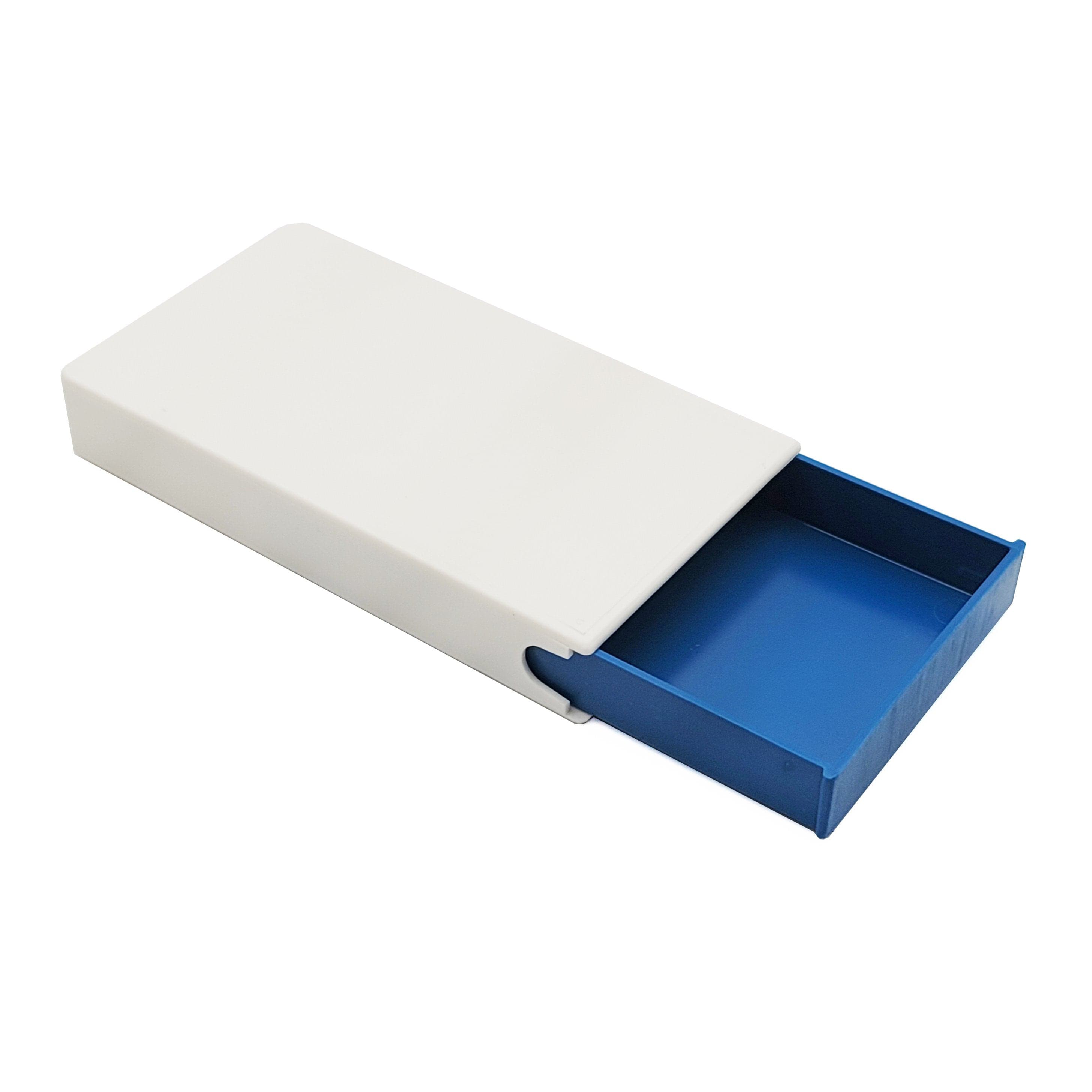 White / Blue / Single Unit (Less Than Box Qty) Closeout Child-Resistant Pre-Roll / Edible Push and Pull Box | 98 mm
