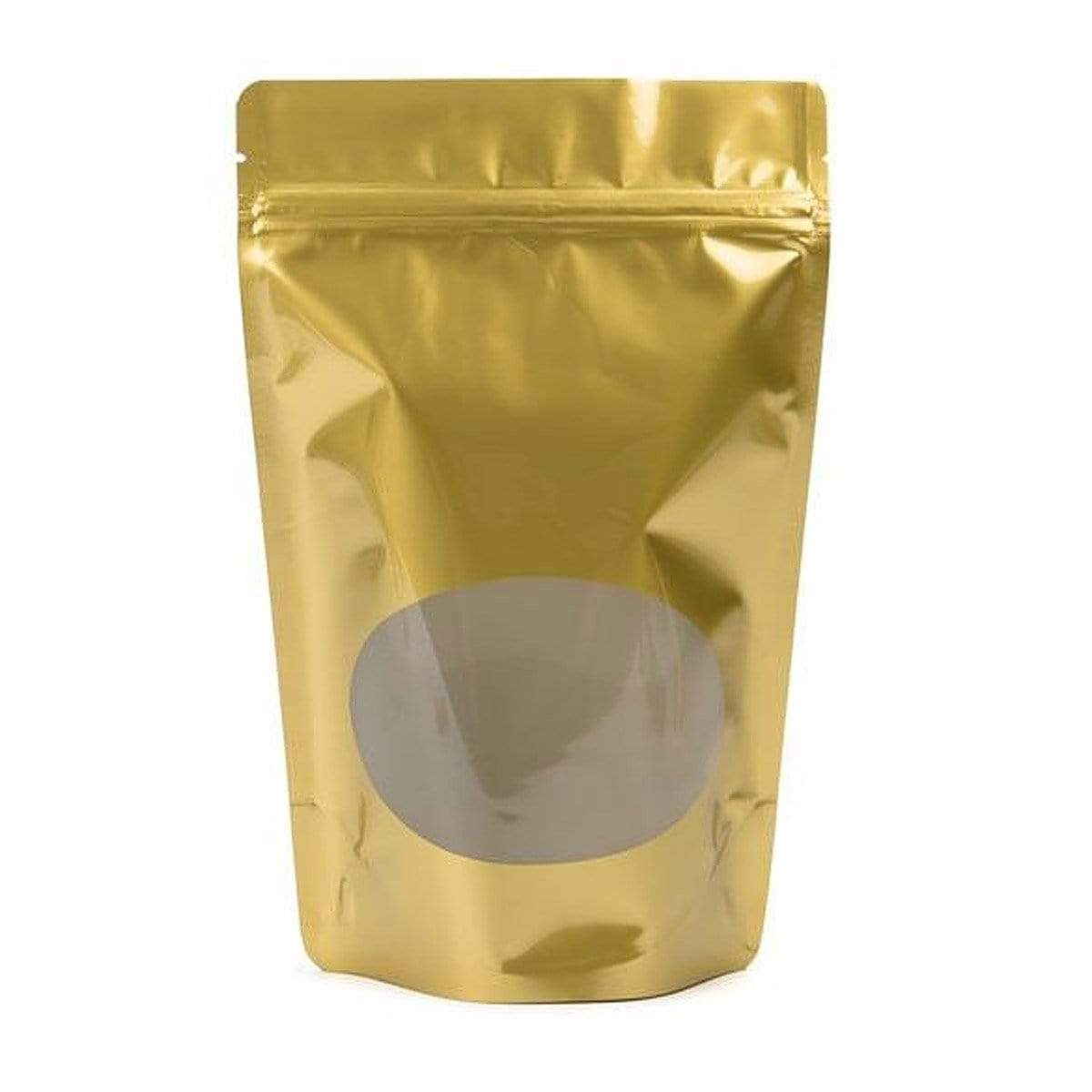 Gold Stand Up Zipper Bag with Clear Oval Window (1 Ounce)